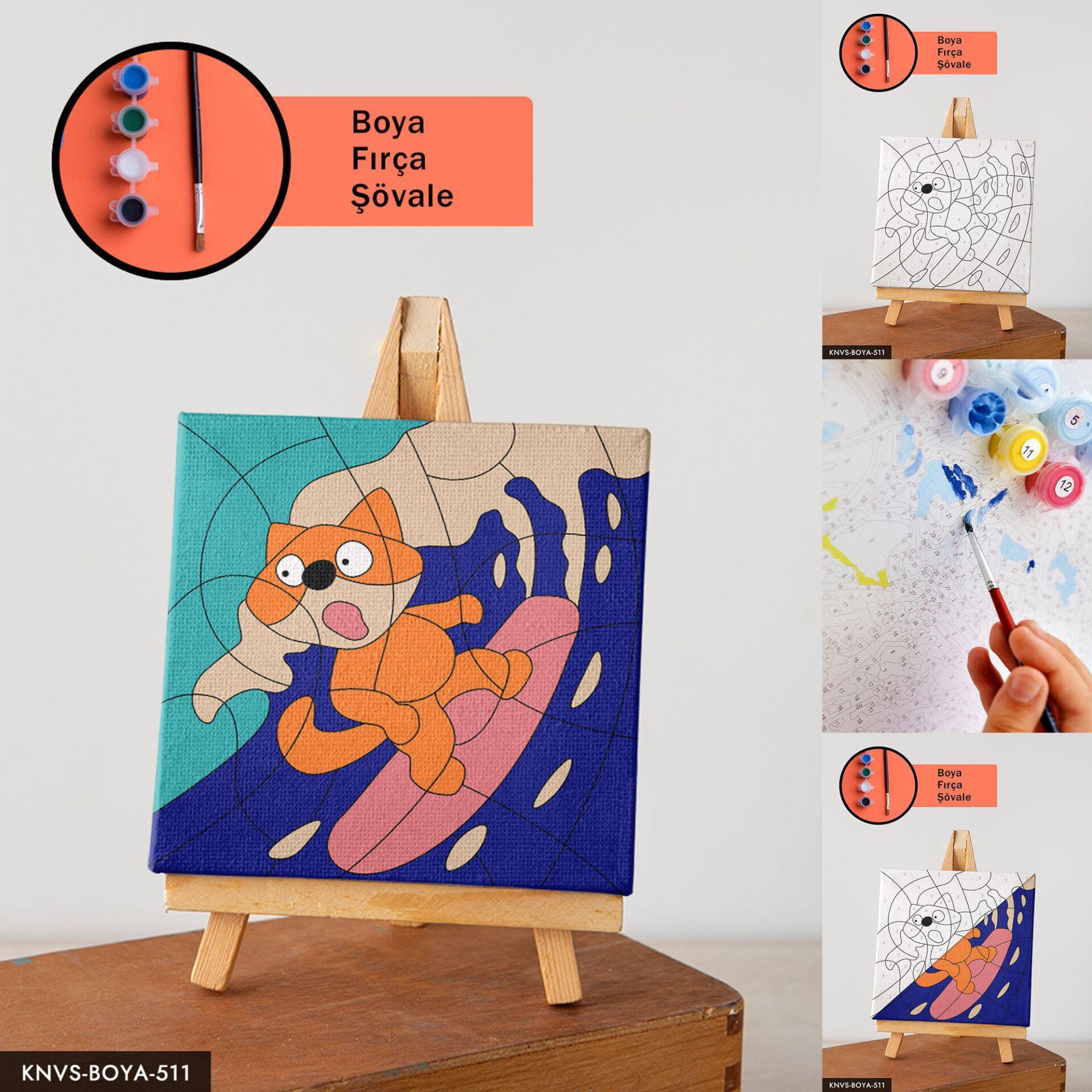 Sörf Yapan Sevimli Kedi 20x20 CM Çocuklara Özel Sayılarla Boyama Seti Şövalesiz