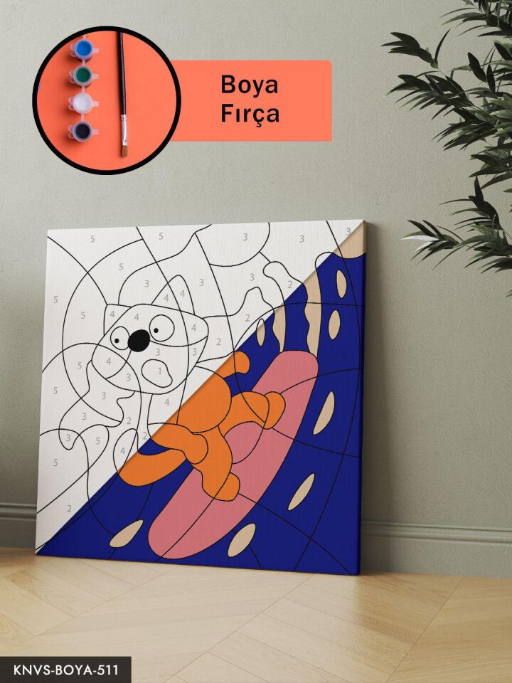 Sörf Yapan Sevimli Kedi 20x20 CM Çocuklara Özel Sayılarla Boyama Seti Şövalesiz