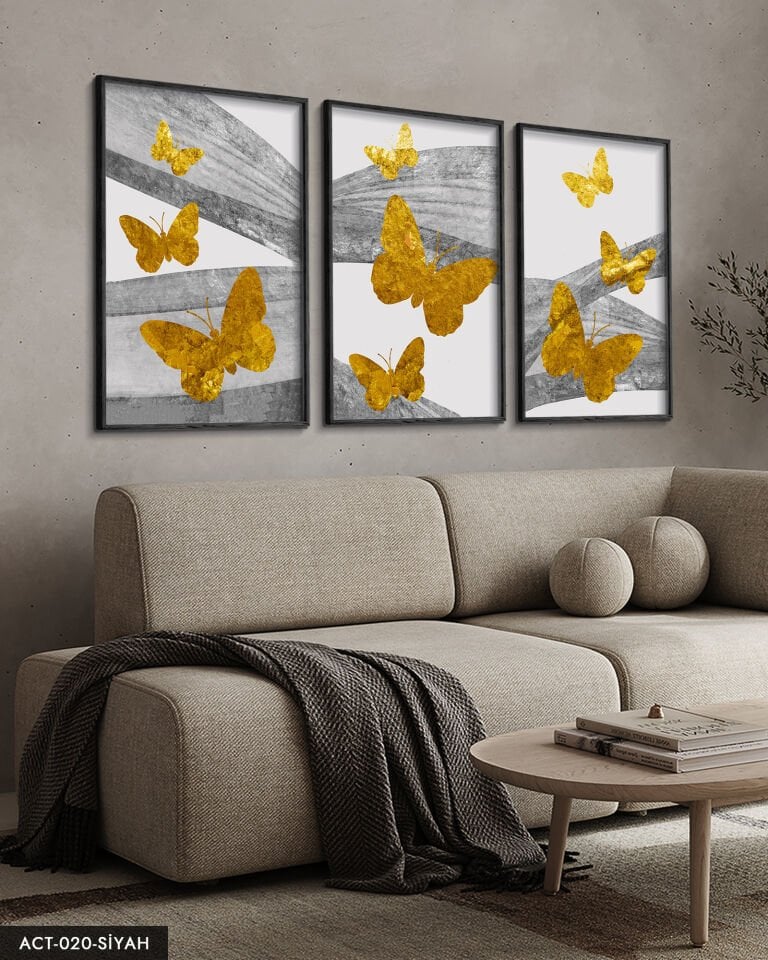 Gold Kelebekler Soyut Arkaplan 3 Parça Ahşap Çerçeveli Tablo ACT Siyah - 50 x 70 CM