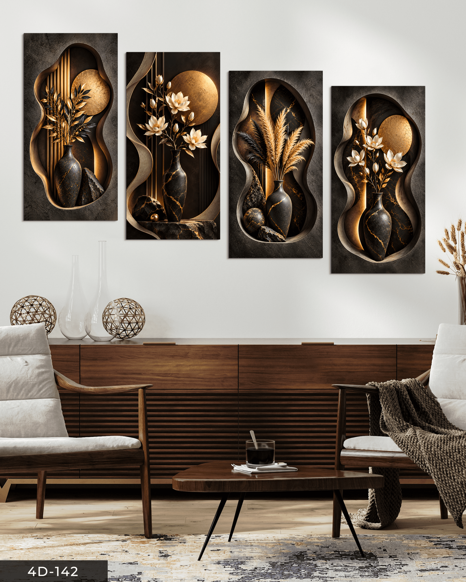 Dokulu Görünüm Vazoda Çiçekler ve Gold Ay 4 Parçalı MDF Tablo