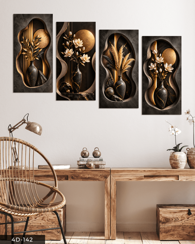 Dokulu Görünüm Vazoda Çiçekler ve Gold Ay 4 Parçalı MDF Tablo