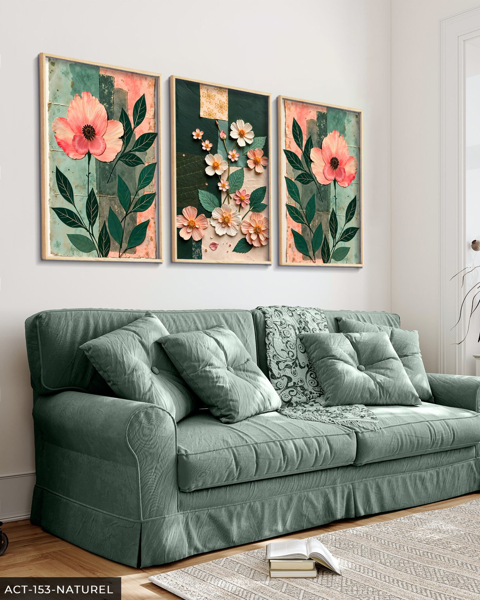 Renkli Zeminde Pembe Çiçekler 3 Parça Ahşap Çerçeveli Tablo ACT Naturel - 30 x 40 CM