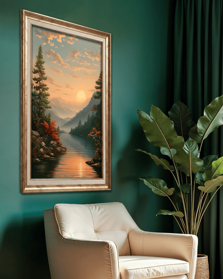 Irmak ve Gündoğumu Premium Çerçeveli Tek Parça Tablo 65X110 cm PRM