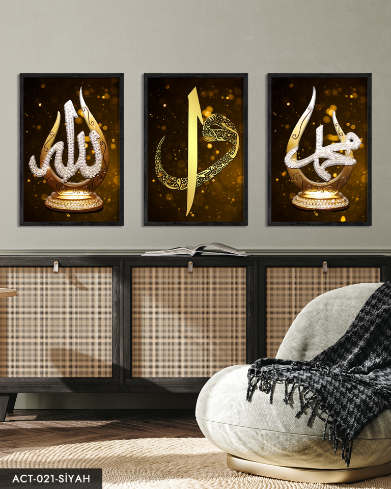 Allah, Muhammed, Elif Vav, Gold, 3 Parça Ahşap Çerçeveli Tablo ACT Siyah - 50 x 70 CM