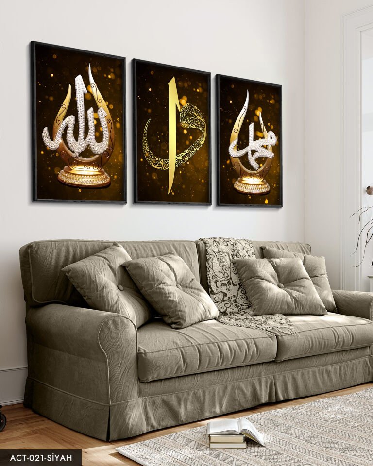Allah, Muhammed, Elif Vav, Gold, 3 Parça Ahşap Çerçeveli Tablo ACT Siyah - 50 x 70 CM