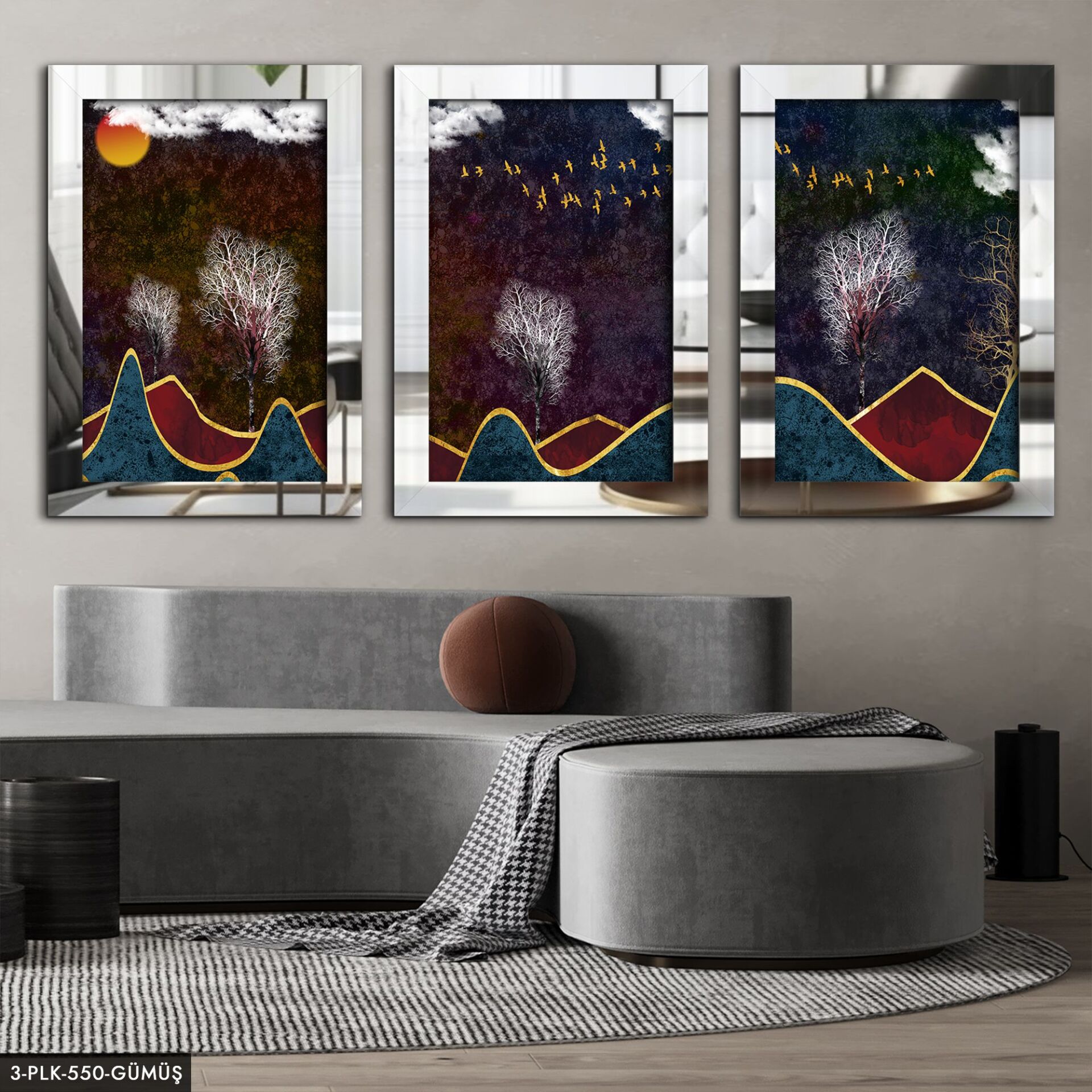 Soyut 3 Parça Pleksi Aynalı Tablo 20 x 30 CM - Gümüş