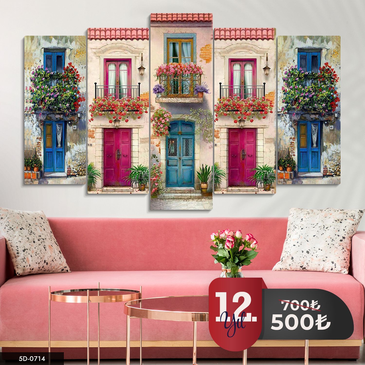 Çiçekli Pencere 5 Parça Mdf Tablo 60x100 CM