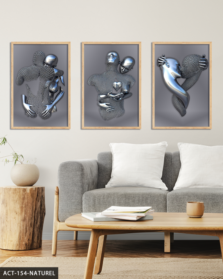 Modern Birleşme Aşk Temalı Sanatsal 3 Parça Ahşap Çerçeveli Tablo Naturel - 30 x 40 CM