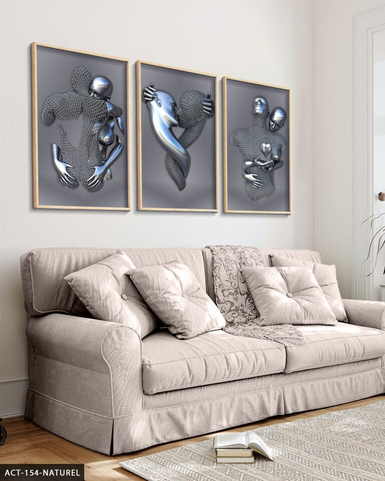 Modern Birleşme Aşk Temalı Sanatsal 3 Parça Ahşap Çerçeveli Tablo Naturel - 30 x 40 CM