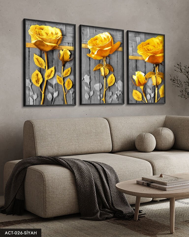 Gold Çiçek 3 Parça Ahşap Çerçeveli Tablo ACT Siyah - 50 x 70 CM