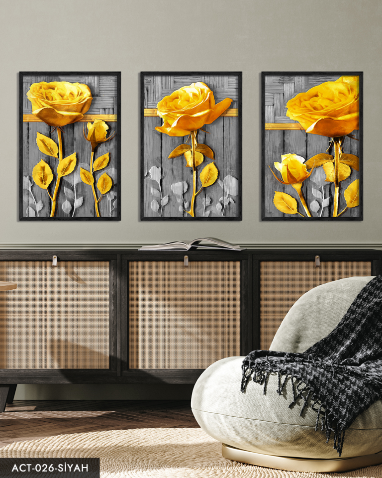 Gold Çiçek 3 Parça Ahşap Çerçeveli Tablo ACT Siyah - 50 x 70 CM