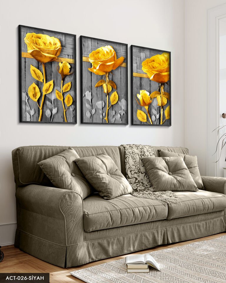 Gold Çiçek 3 Parça Ahşap Çerçeveli Tablo ACT Siyah - 50 x 70 CM