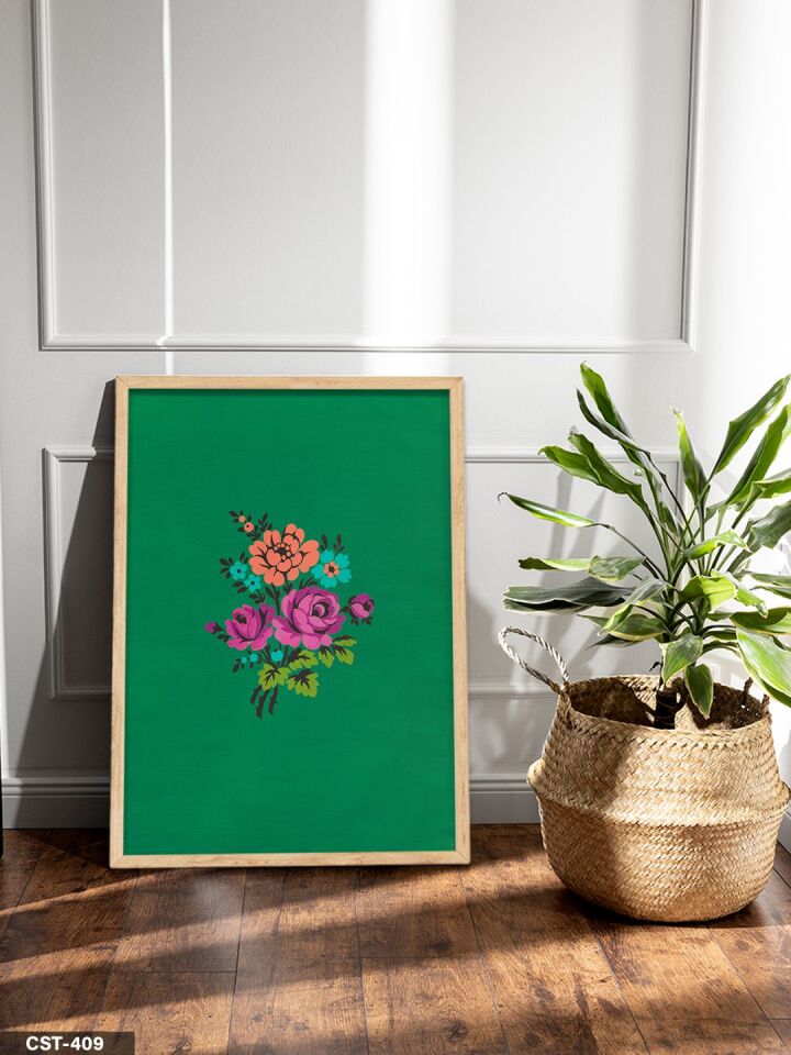 Yeşil Zeminde Renkli Gül Tek Parça Ahşap Çerçeveli Tablo Naturel - 40 x 60 CM