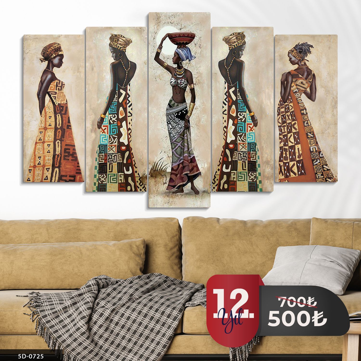 Afrikalı Kadınlar 5 Parça Mdf Tablo 60x100 CM