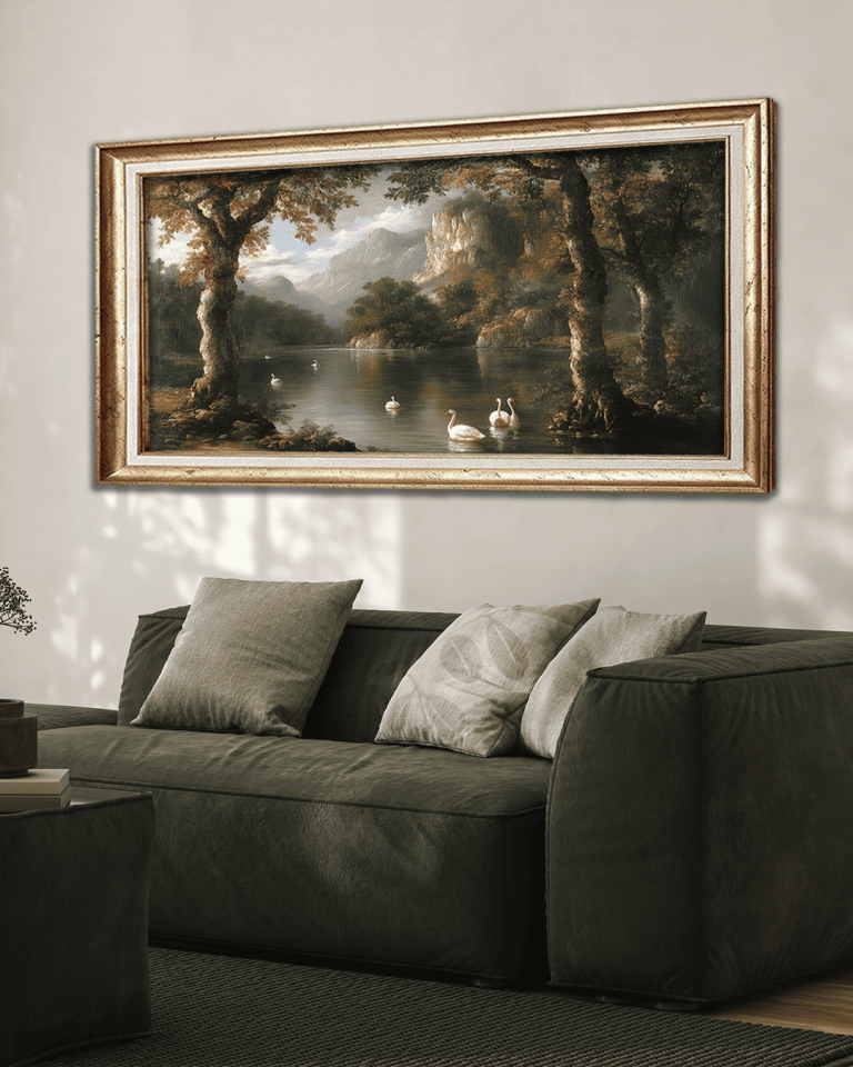 Kuğulu Göl Premium Çerçeveli Tek Parça Tablo 65X110 cm PRM