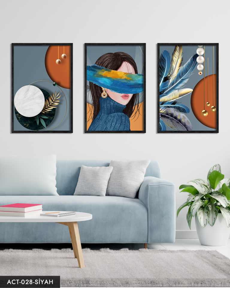 Soyut, Sanatsal, Kadın, Tüy, 3 Parça Ahşap Çerçeveli Tablo ACT Siyah - 50 x 70 CM