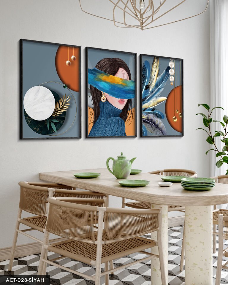 Soyut, Sanatsal, Kadın, Tüy, 3 Parça Ahşap Çerçeveli Tablo ACT Siyah - 50 x 70 CM