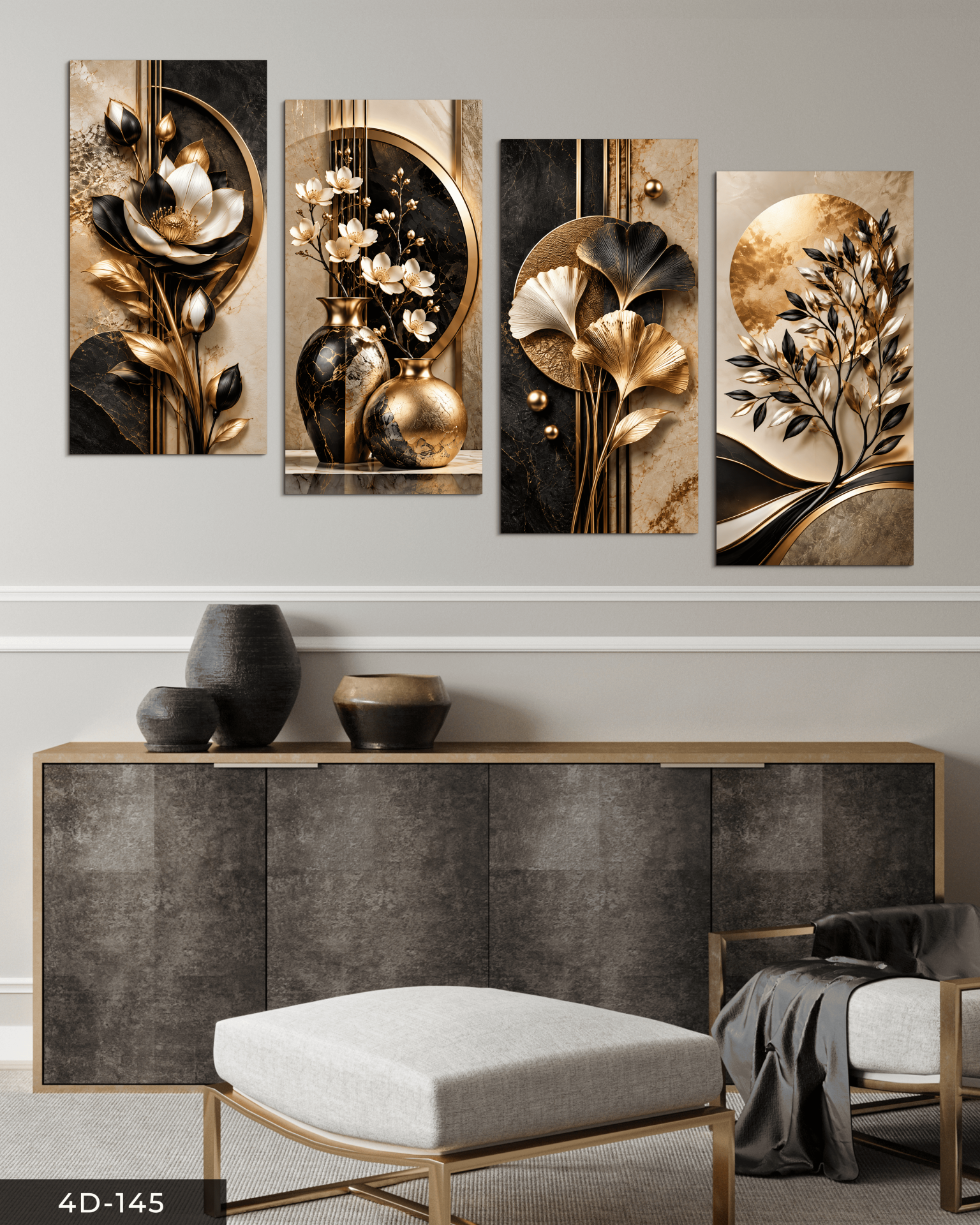 Gold ve Siyah Detaylı Ağaç ve Çiçek 4 Parçalı MDF Tablo