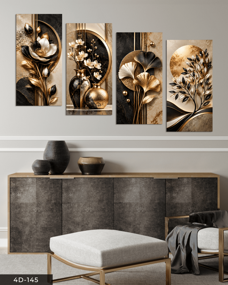 Gold ve Siyah Detaylı Ağaç ve Çiçek 4 Parçalı MDF Tablo