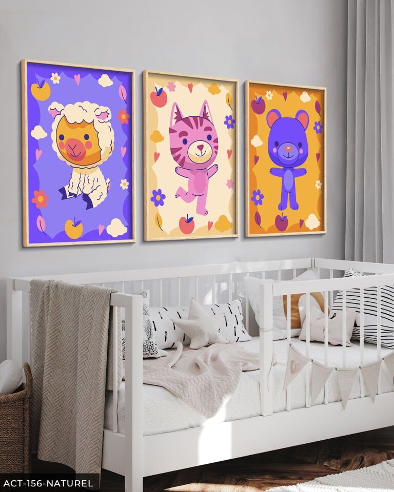 Hayvan Temalı Çocuk Odası 3 Parça Ahşap Çerçeveli Tablo ACT Naturel - 30 x 40 CM