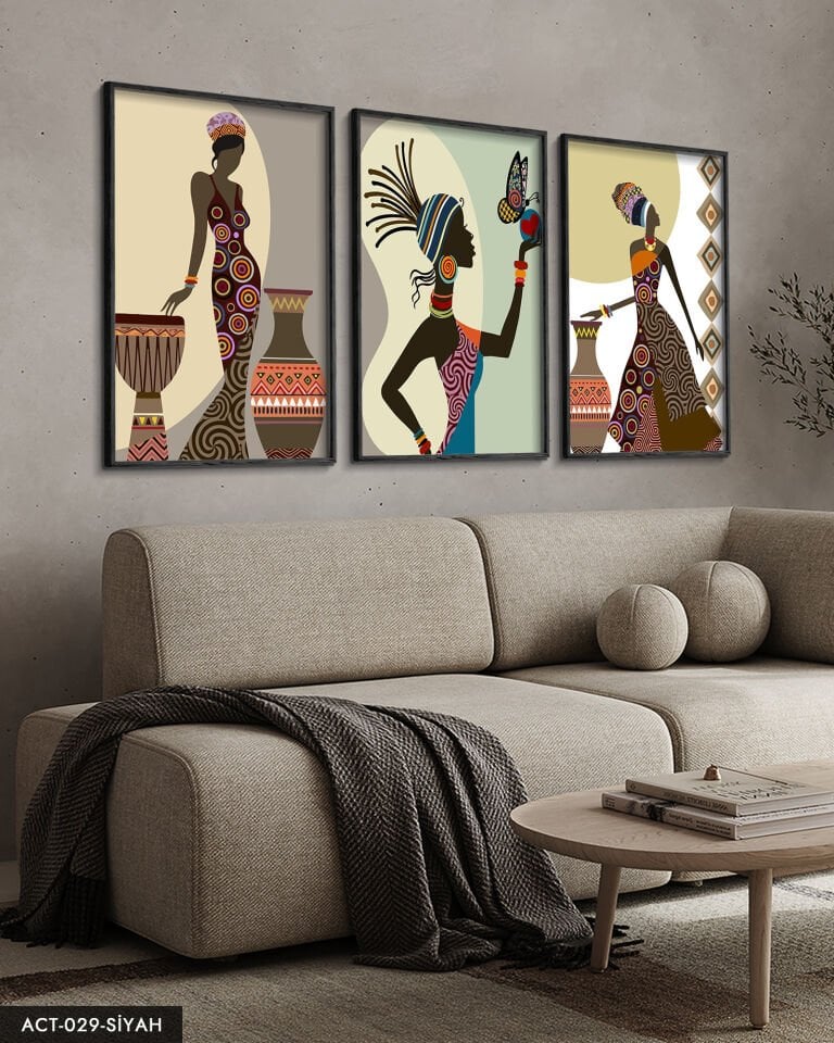 Etnik Afrikalı Kadınlar 3 Parça Ahşap Çerçeveli Tablo ACT Siyah - 50 x 70 CM