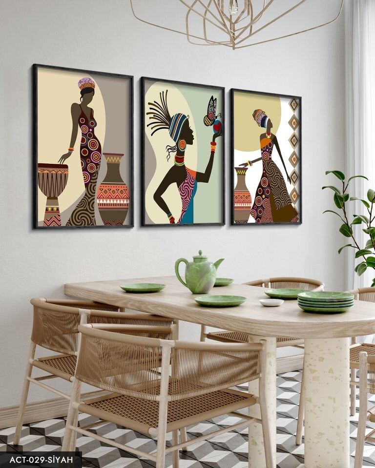 Etnik Afrikalı Kadınlar 3 Parça Ahşap Çerçeveli Tablo ACT Siyah - 50 x 70 CM