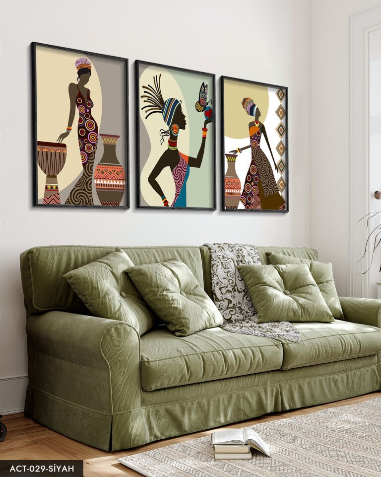 Etnik Afrikalı Kadınlar 3 Parça Ahşap Çerçeveli Tablo ACT Siyah - 50 x 70 CM