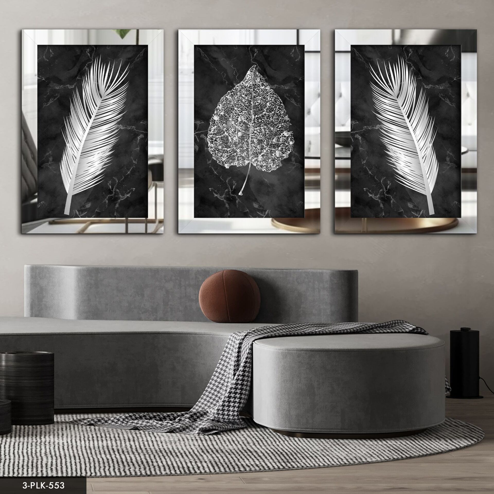 Çiçek Yaprak 3 Parça Pleksi Aynalı Tablo 20 x 30 CM - Gümüş