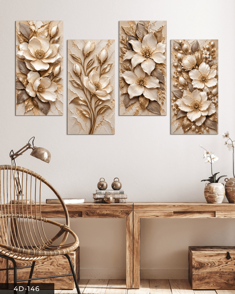 Soft Dokulu Görünüm Çiçek 4 Parçalı MDF Tablo