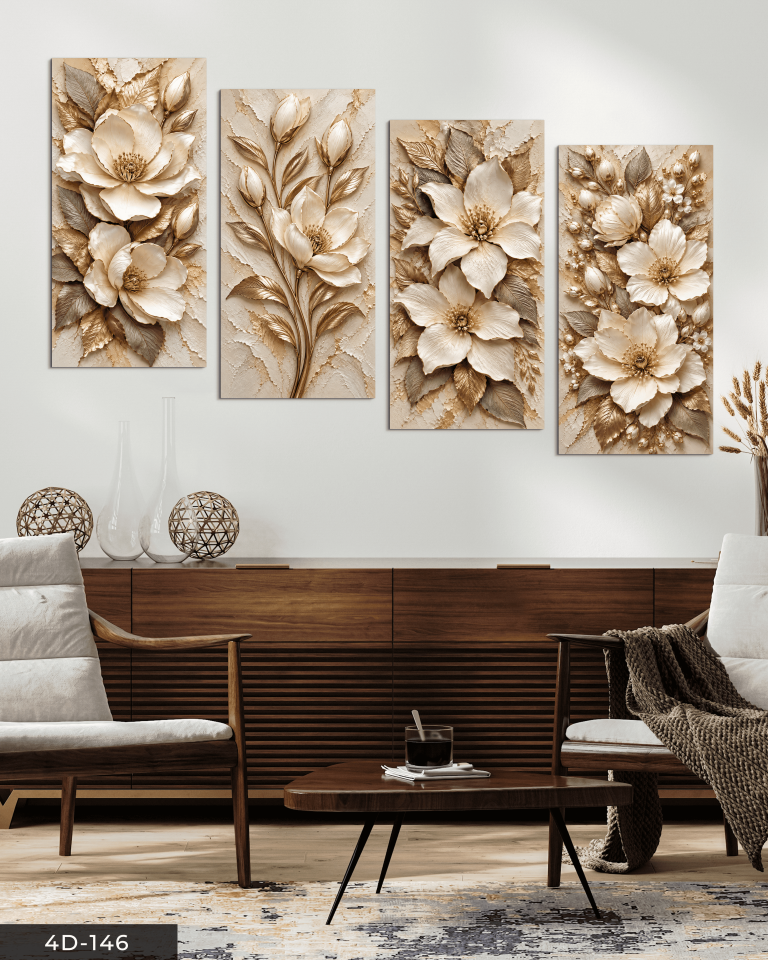 Soft Dokulu Görünüm Çiçek 4 Parçalı MDF Tablo