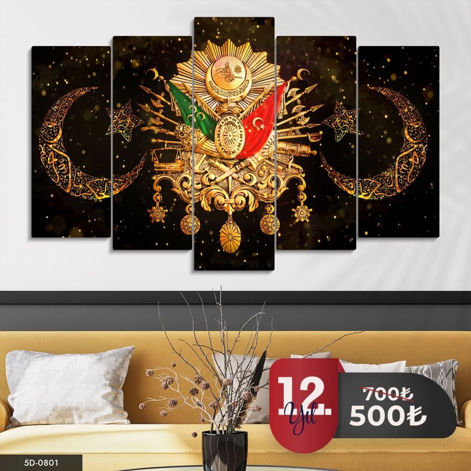 Osmanlı İmparatorluğu Arması Türk Bayrağı 5 Parça Mdf Tablo 60x100 CM