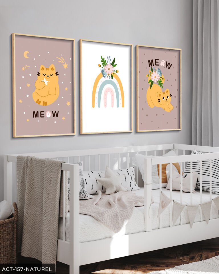 Sevimli Kedi ve Gökkuşağı 3 Parça Ahşap Çerçeveli Tablo ACT Naturel - 30 x 40 CM