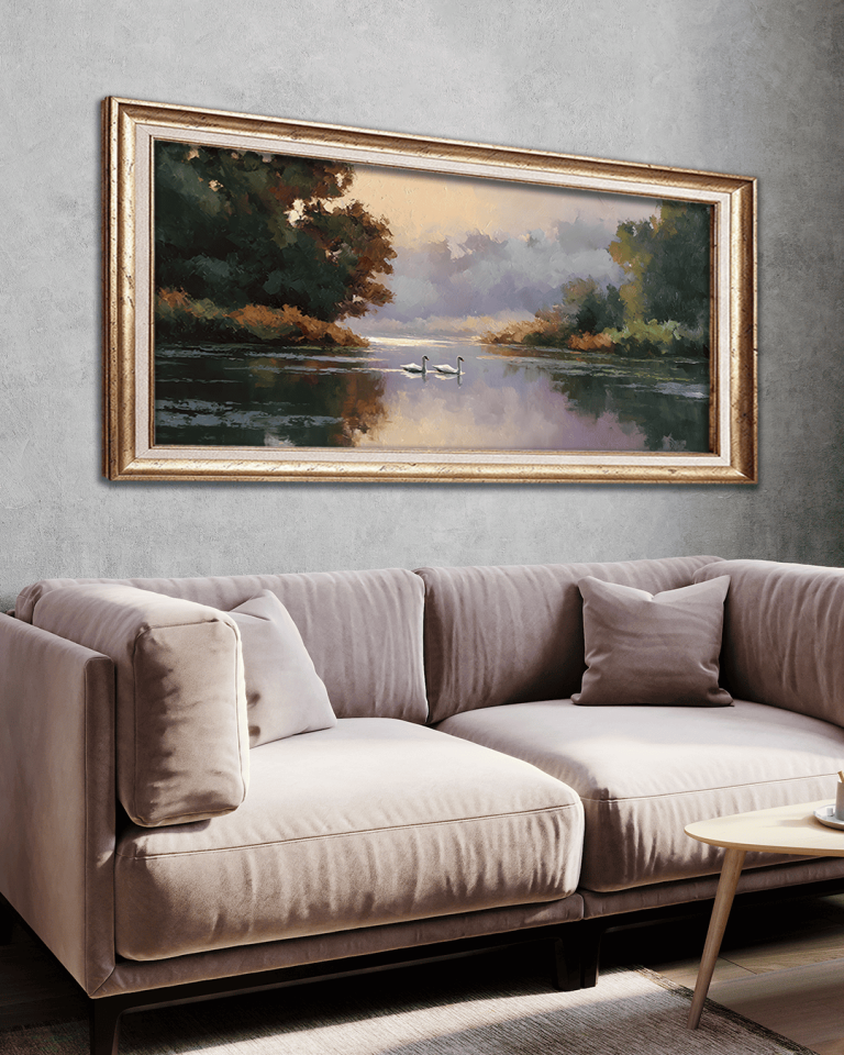 Nehirde İki Kuğu Premium Çerçeveli Tek Parça Tablo 65X110 cm PRM