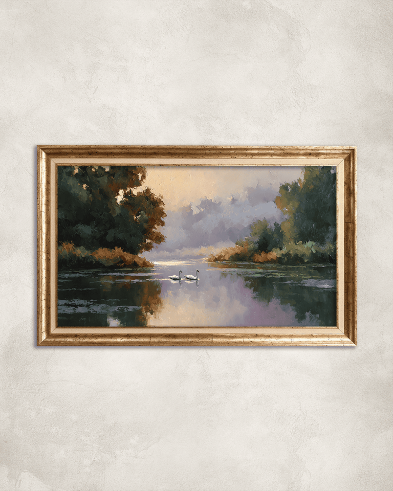 Nehirde İki Kuğu Premium Çerçeveli Tek Parça Tablo 65X110 cm PRM