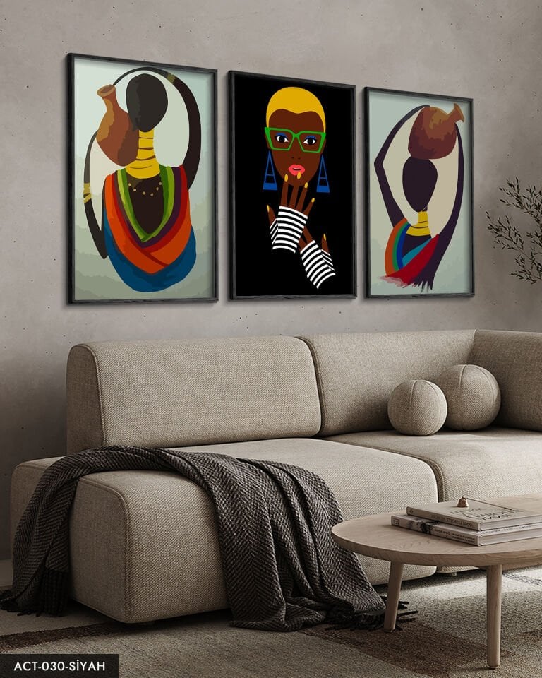 Etnik Afrikalı Kadınlar 3 Parça Ahşap Çerçeveli Tablo ACT Siyah - 50 x 70 CM