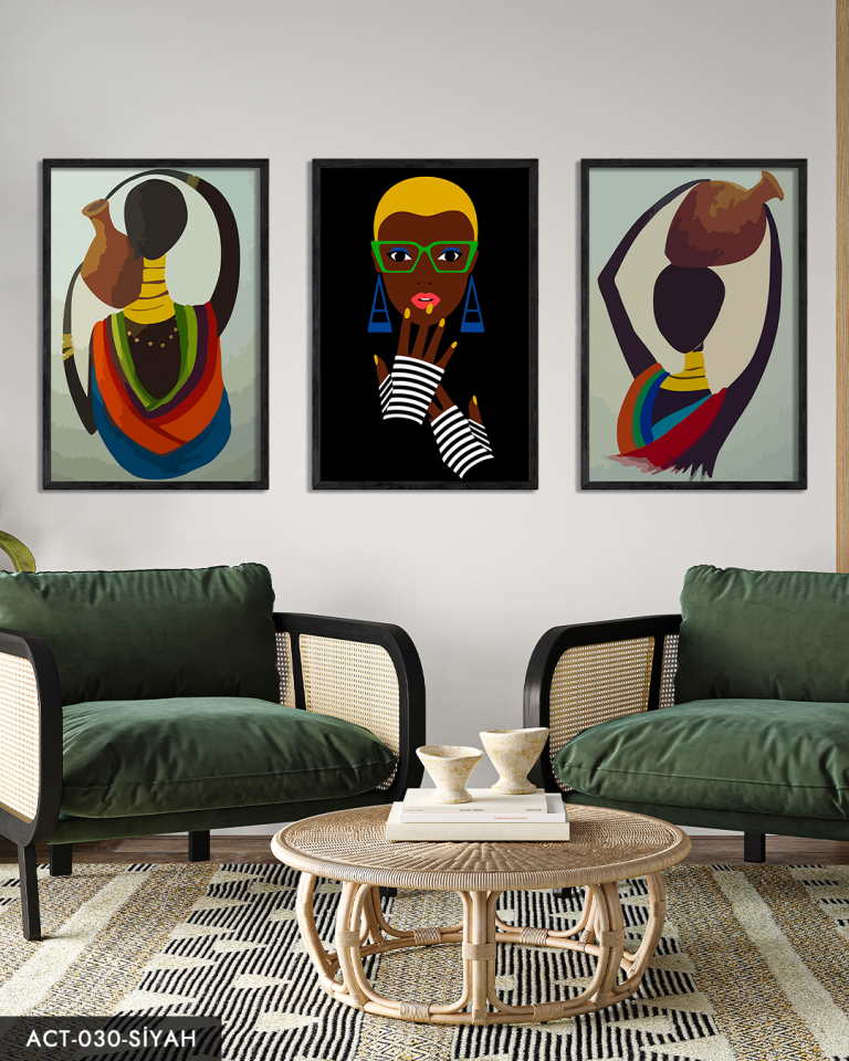 Etnik Afrikalı Kadınlar 3 Parça Ahşap Çerçeveli Tablo ACT Siyah - 50 x 70 CM