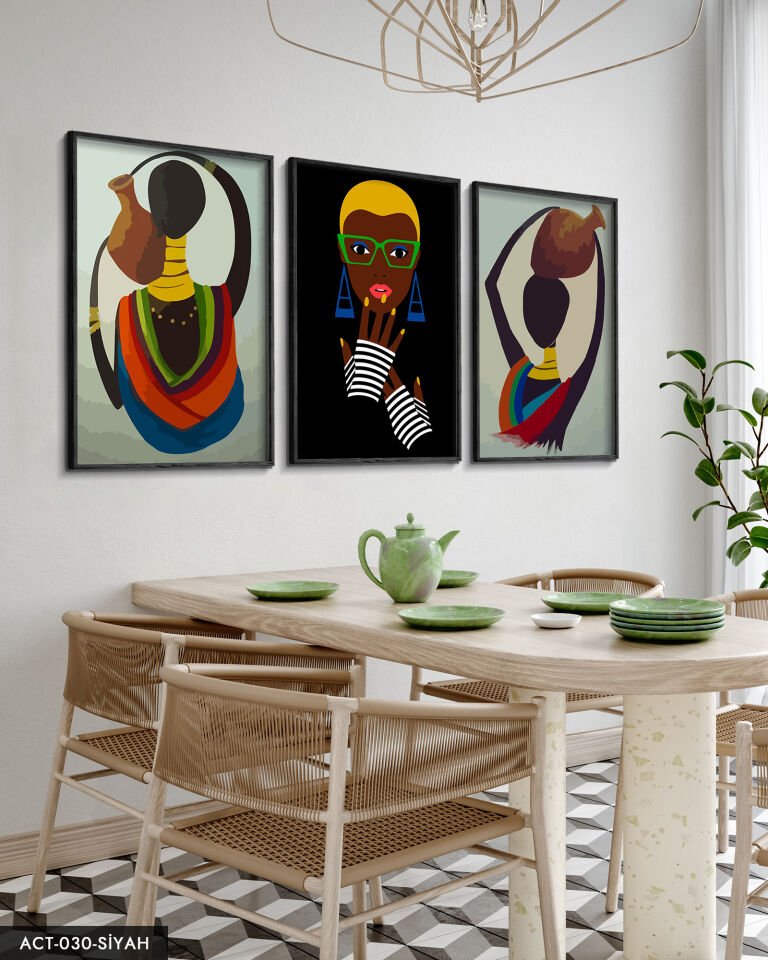 Etnik Afrikalı Kadınlar 3 Parça Ahşap Çerçeveli Tablo ACT Siyah - 50 x 70 CM