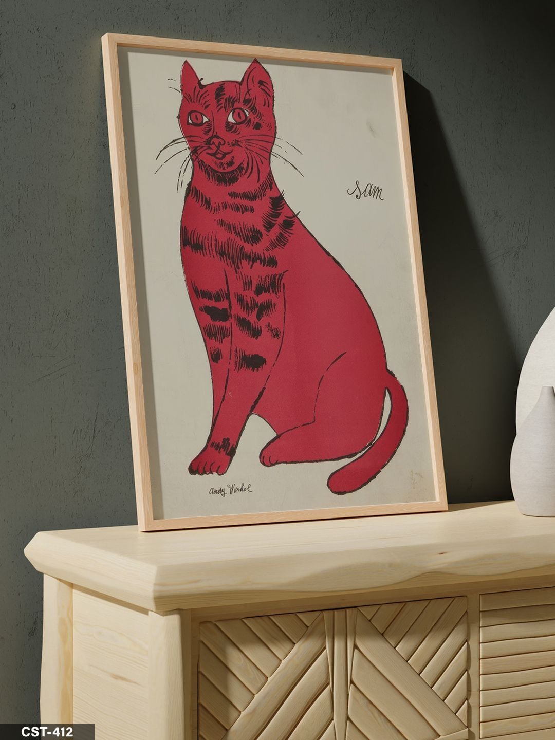 Kırmızı Kedi Tek Parça Ahşap Çerçeveli Tablo Naturel - 40 x 60 CM