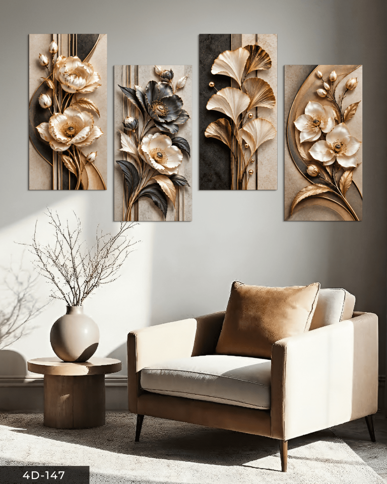 Dokulu Görünüm Lüks Çiçekler 4 Parçalı MDF Tablo