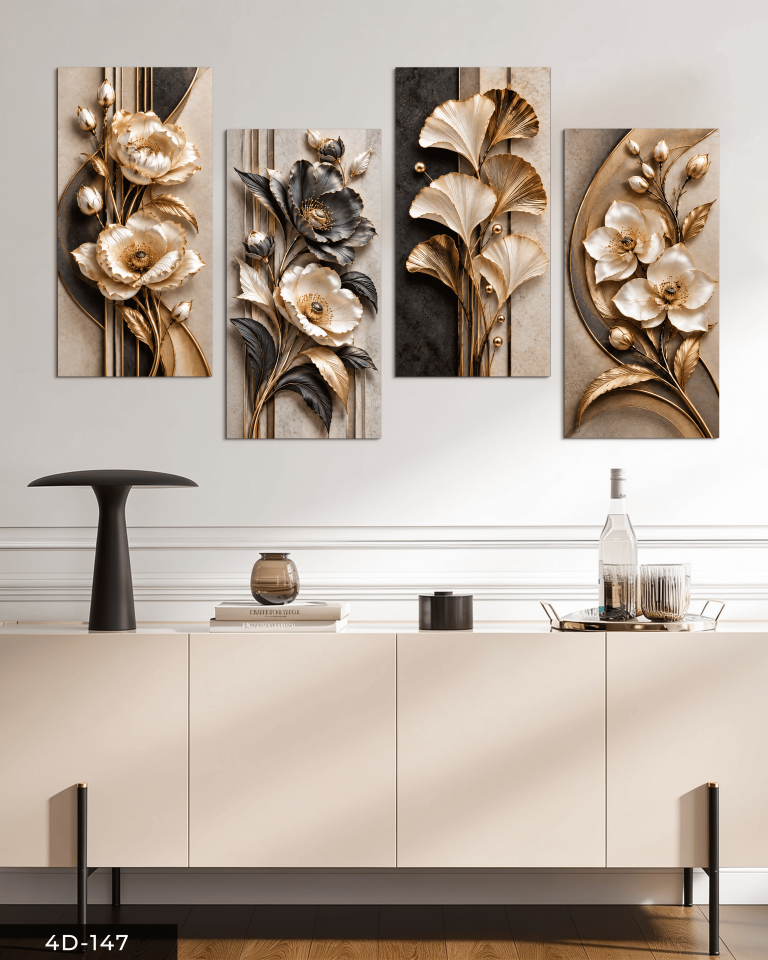 Dokulu Görünüm Lüks Çiçekler 4 Parçalı MDF Tablo