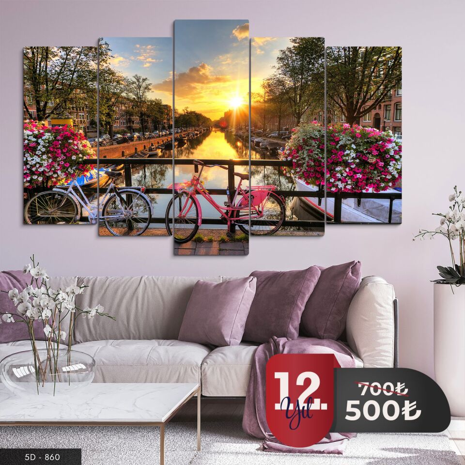 Bisiklet Doğa Manzarası Çiçekler 5 Parça Mdf Tablo 60x100 CM