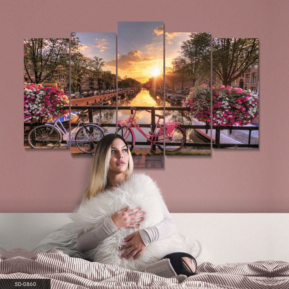 Bisiklet Doğa Manzarası Çiçekler 5 Parça Mdf Tablo 60x100 CM