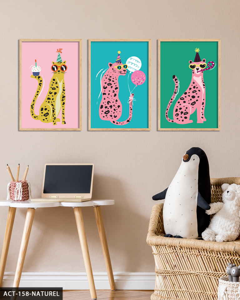 Eğlenceli Parti Leoparları 3 Parça Ahşap Çerçeveli Tablo ACT Naturel - 30 x 40 CM