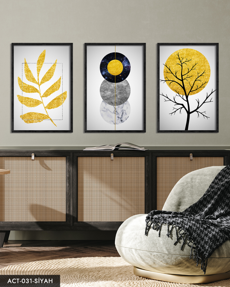 Gold Soyut Desenler 3 Parça Ahşap Çerçeveli Tablo ACT Siyah - 50 x 70 CM