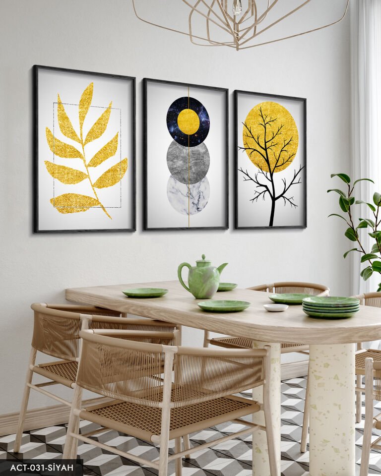 Gold Soyut Desenler 3 Parça Ahşap Çerçeveli Tablo ACT Siyah - 50 x 70 CM