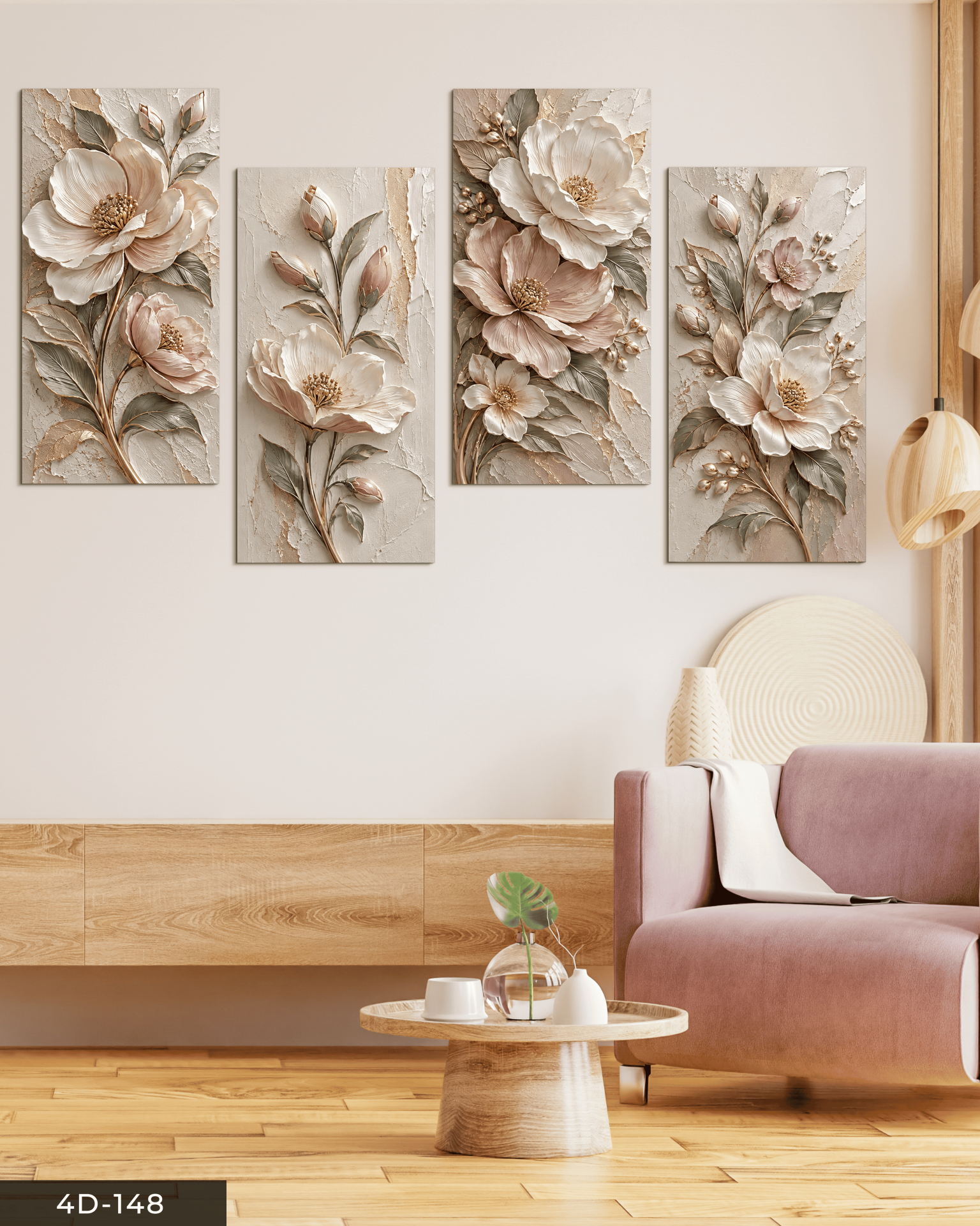 Gri Yapraklı Dokulu Görünüm Çiçek 4 Parçalı MDF Tablo