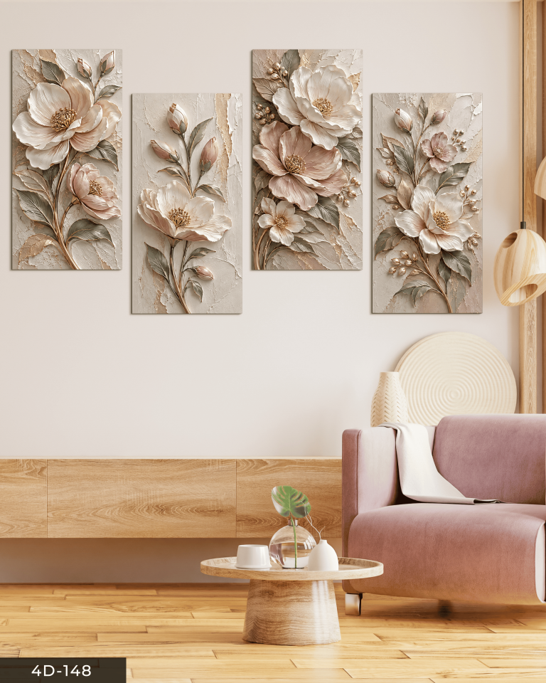 Gri Yapraklı Dokulu Görünüm Çiçek 4 Parçalı MDF Tablo