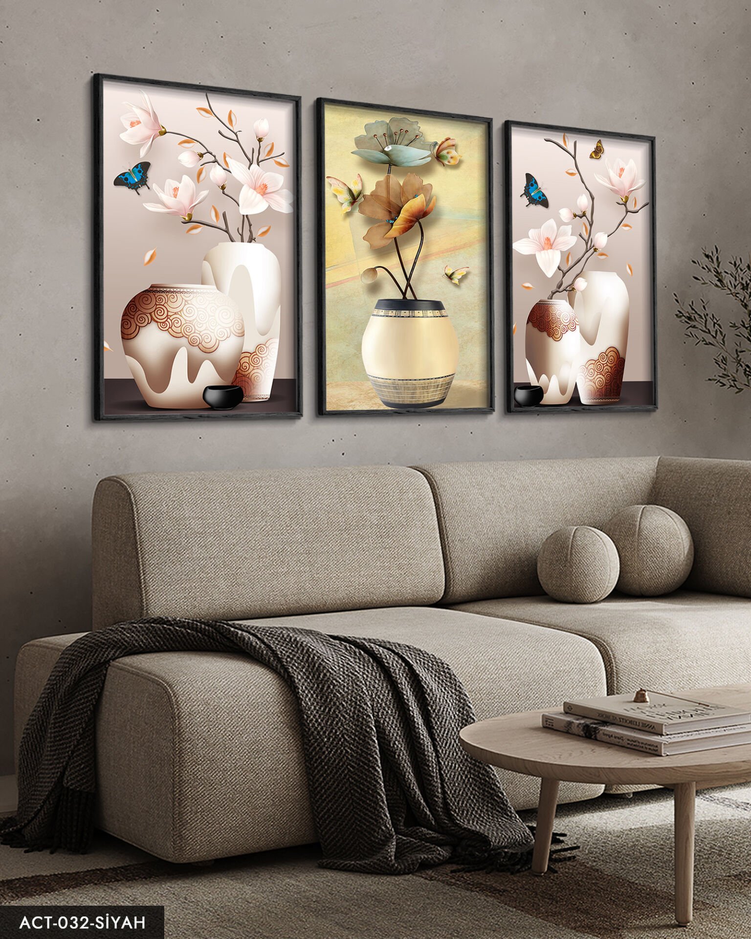 Vazoda Çiçekler 3 Parça Ahşap Çerçeveli Tablo ACT Siyah - 50 x 70 CM