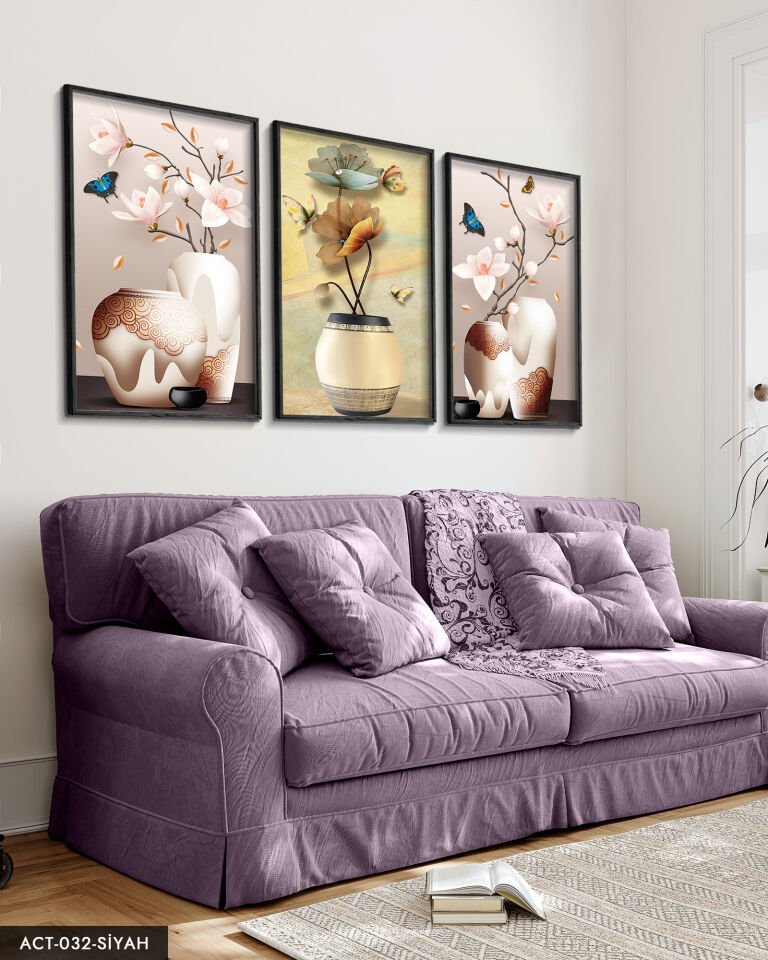 Vazoda Çiçekler 3 Parça Ahşap Çerçeveli Tablo ACT Siyah - 50 x 70 CM