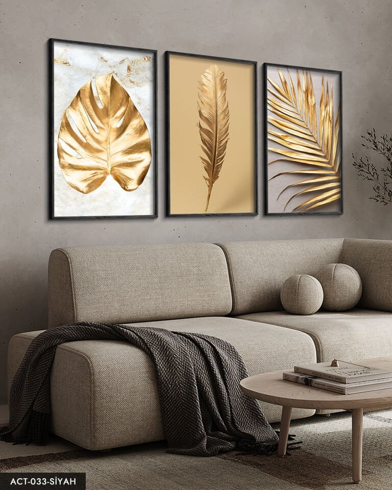 Gold Yaprak Tüy 3 Parça Ahşap Çerçeveli Tablo ACT Siyah - 50 x 70 CM